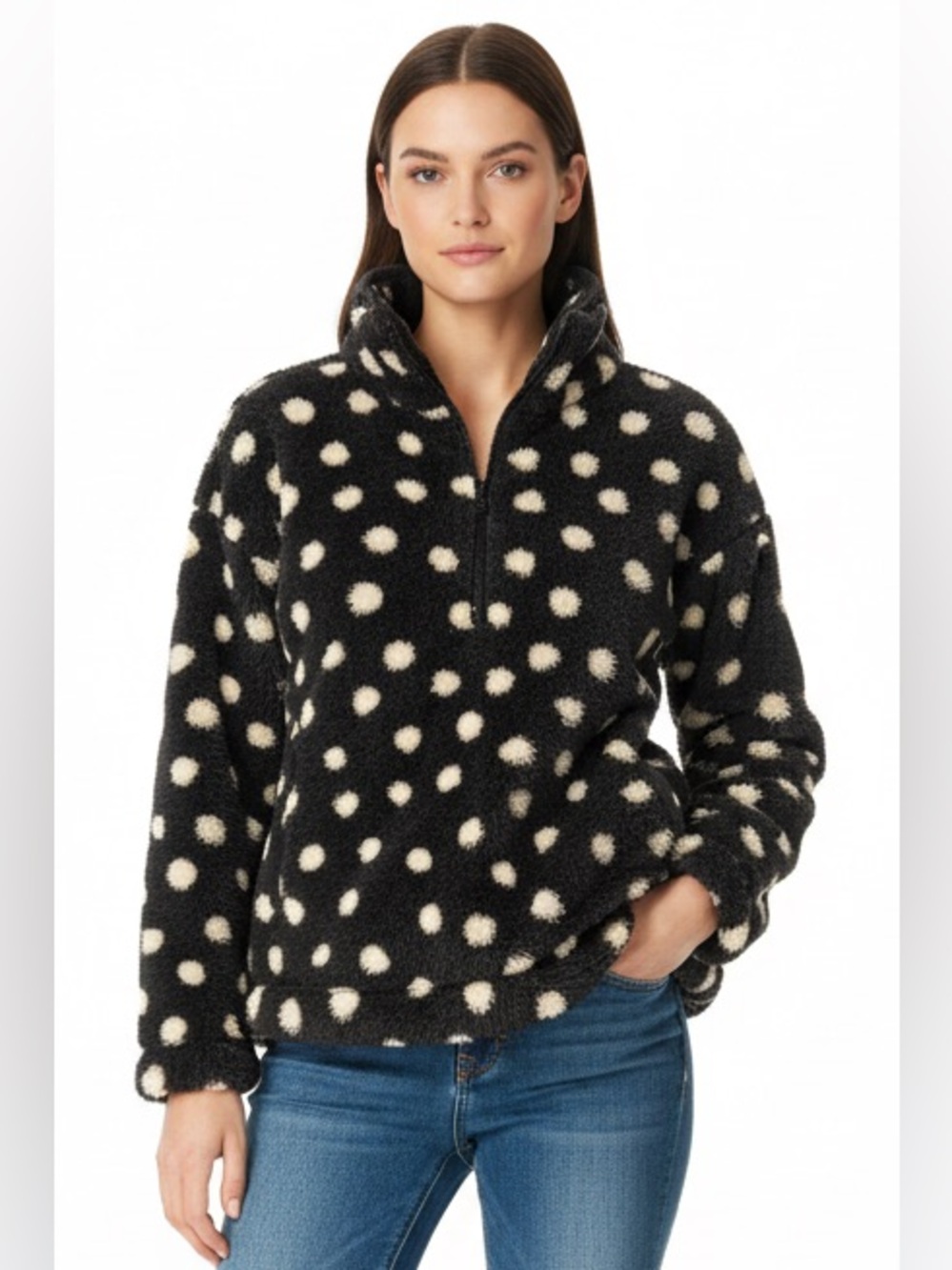 LuLaRoe Nancy Half Zip Pullover with Side Pockets • Black with Cream Dots